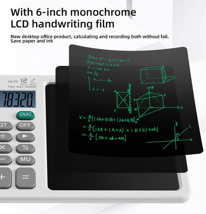 Desk Calculator with Erasable Writing Pad, 12-Digit Wide Screen Display, 100,000+ Reusable LCD Notepad, One-Click Clear & Lock Function, Solar and Battery Dual Power for Office,School,Business (Black)