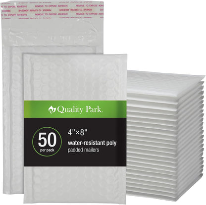 Quality Park Bubble Mailers, 6 x 9 Inch, White Poly Mailers, Padded Envelopes, Shipping Envelopes, Water Resistant, Self Seal, 50 Per Box (QUA85856), Plastic