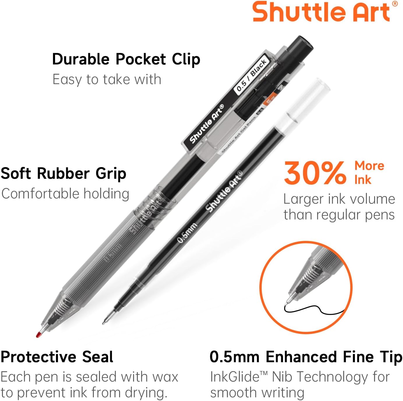 Shuttle Art Black Gel Pens, Ink Glide Series 90 Pack Retractable 0.5mm Fine Point Rollerball Gel Ink Pens Bulk Set Quick Drying Smooth Writing with Grip for Journaling Note Taking Office School Home