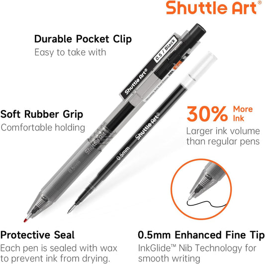 Shuttle Art Black Gel Pens, Ink Glide Series 90 Pack Retractable 0.5mm Fine Point Rollerball Gel Ink Pens Bulk Set Quick Drying Smooth Writing with Grip for Journaling Note Taking Office School Home