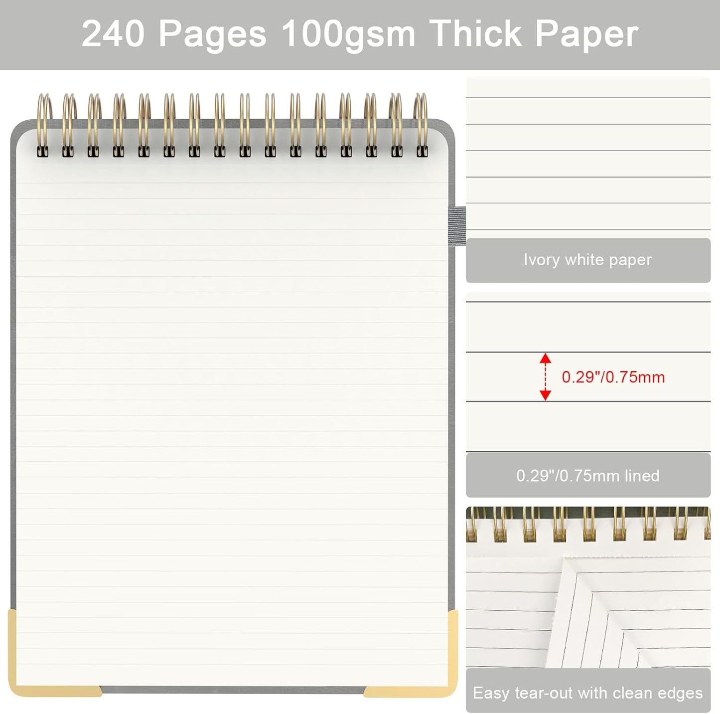 A5 Top Spiral Notebook, Large Leather Hardcover Top Bound Steno Pads, 240 Pages 100 gsm Thick Lined Paper Left Handed Notebook Journal for Work, School, Meeting Writing - Brown, 5.9" x 8.5"