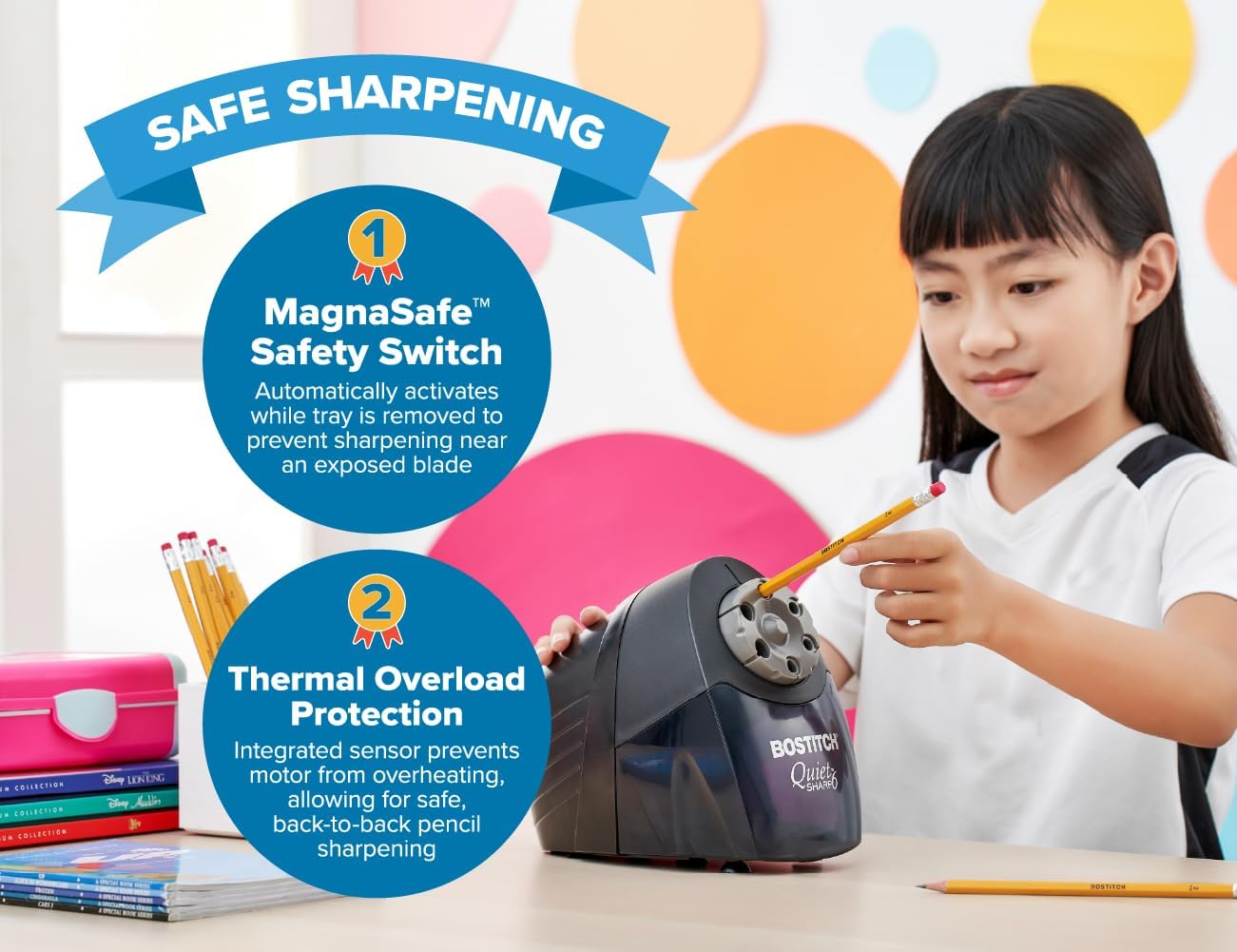 Bostitch Office QuietSharp Electric Pencil Sharpener, Heavy Duty Classroom or Office Use, Size Selector with 6 Different Sizes, Blue