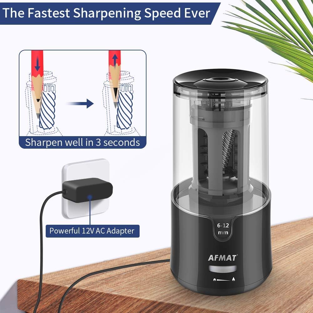 AFMAT Electric Pencil Sharpener, Auto Stop, Super Sharp & Fast, Electric Pencil Sharpener Plug in for 6-12mm No.2/Colored Pencils/Office/Home PS94