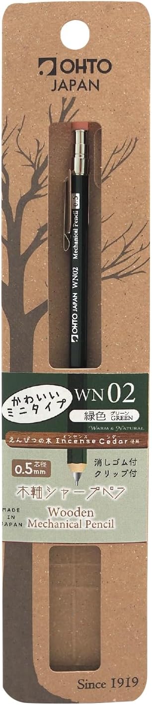 OHTO WN02 Wooden Mechanical Pencil, 0.5mm Fine Point, Mini-Sized Barrel with Clip, Green Body, Made from Incense Cedar, WN02-SP5-GN