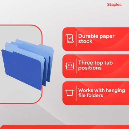 Staples File Folders, Letter Size, 1/3‑Cut Tabs, Purple, Durable 10.5‑Point Paper Stock, 100/Pack
