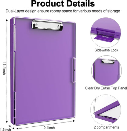 Piasoenc Clipboard with Storage, 8.5 x 11 Clip Boards with 2 Storage Case and A4 Paper Folder, Clear Dry Erase Top Panel, Heavy Duty Plastic, Folio & Side Opening, for Nurses, Teachers, Lawers,Black