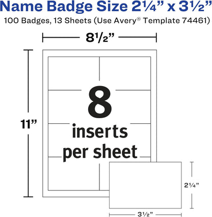 Avery Customizable Name Badges, Clip Style, 2.25" x 3.5", Clear Name Tag Holders, White Laser/Inkjet Printable Inserts, 100 Total (74461)