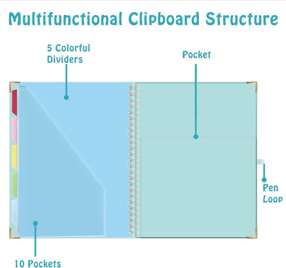 HAUTOCO Clipboard Folio with Refillable Notepad for Letter Size (11" x 8.5"), 5 Dividers with 10 Pockets, Elastic Pen Holder and File Folder Labels, Spiral Nurse Clipboard Artboard(Green)
