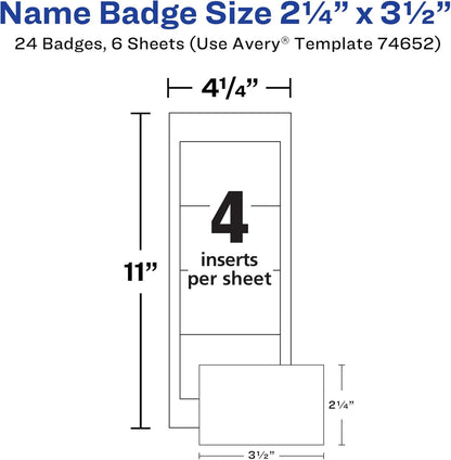 Avery Customizable Name Badges, Pin Style, 2.25" x 3.5", Clear Name Tag Holders, White Laser/Inkjet Printable Inserts, 100 Total (74549)