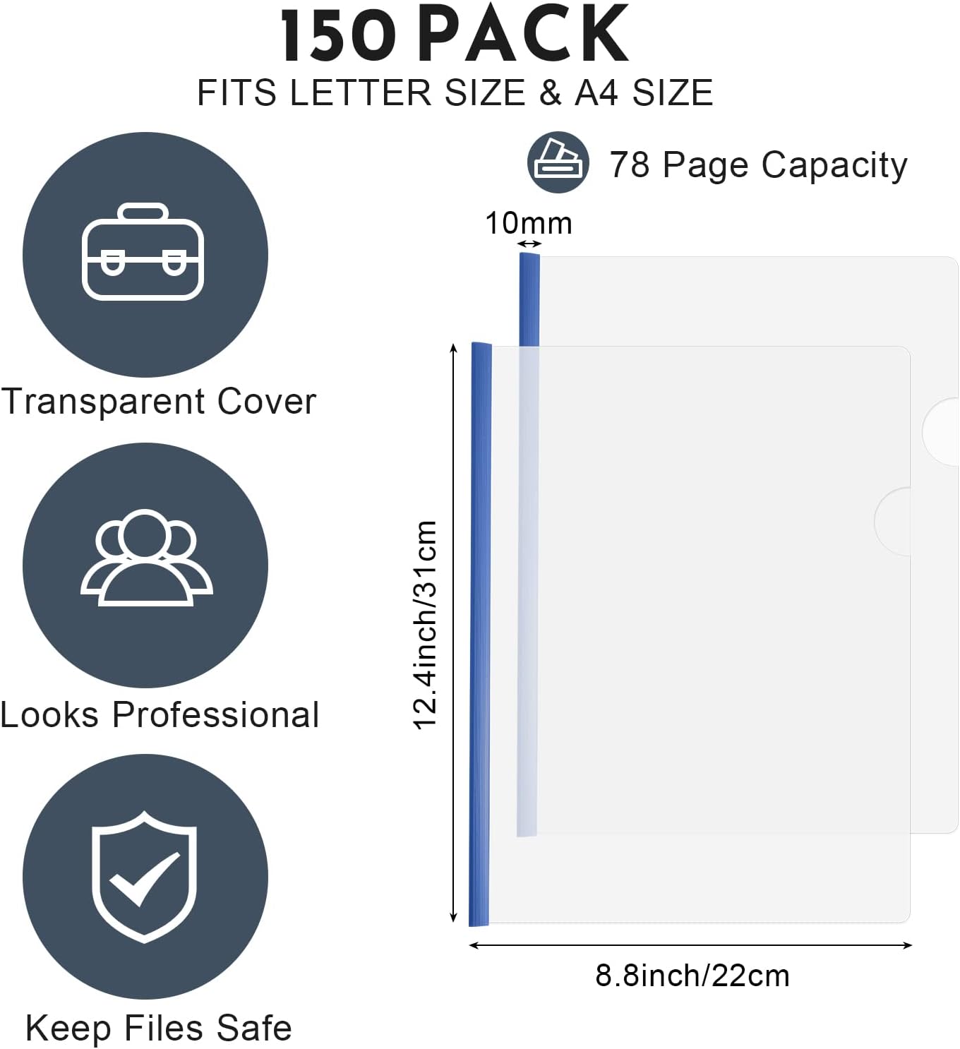150 Pcs Bulk A4 Clear Report Cover with Sliding Bar 5 Colors Folder Binder Sliding Bar Files Classification Transparent Resume Clipbar Presentation File Folders for School and Office