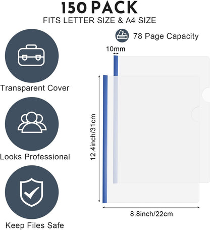 150 Pcs Bulk A4 Clear Report Cover with Sliding Bar 5 Colors Folder Binder Sliding Bar Files Classification Transparent Resume Clipbar Presentation File Folders for School and Office