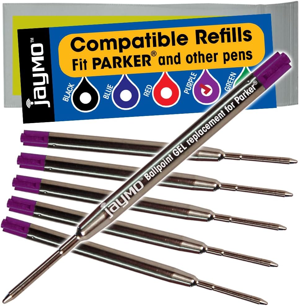 Jaymo Replacement for Parker 30525PP/30526PP and Bastion - Measures 3.875 in / 98 mm Long - G2 Gel Ballpoint Pen Refill - 2 Black + 2 Blue + Red + Purple