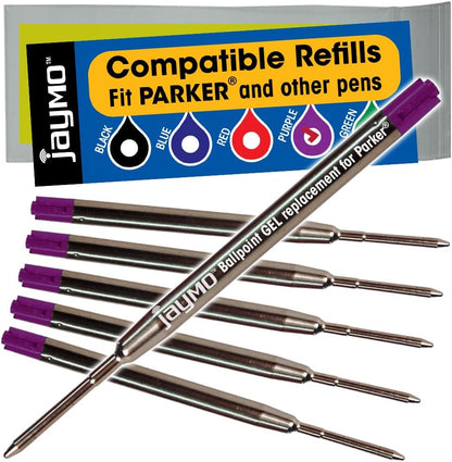 Jaymo Replacement for Parker 30525PP/30526PP and Bastion - Measures 3.875 in / 98 mm Long - G2 Gel Ballpoint Pen Refill - 2 Black + 2 Blue + Red + Purple