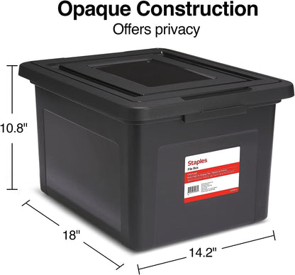 STAPLES File Folder Tote, Portable Filing Box for Letter SIze Hanging Folders, Security Latch & Built-In Lid Organizer, Black/Clear