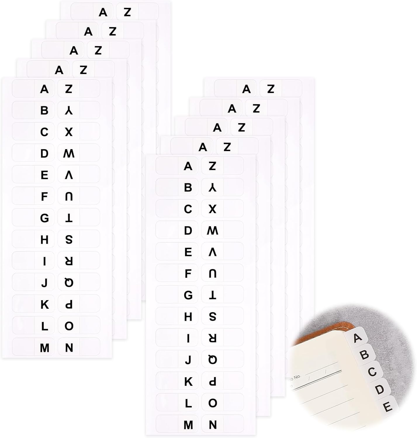 A-Z 26 White Letters Tabs Sticky Alphabet Tabs, 260 Pcs Self Adhesive Page Tabs Alphabetical Tabs Indexes for Books, Dictionary, Notes, File (10 Sheets)