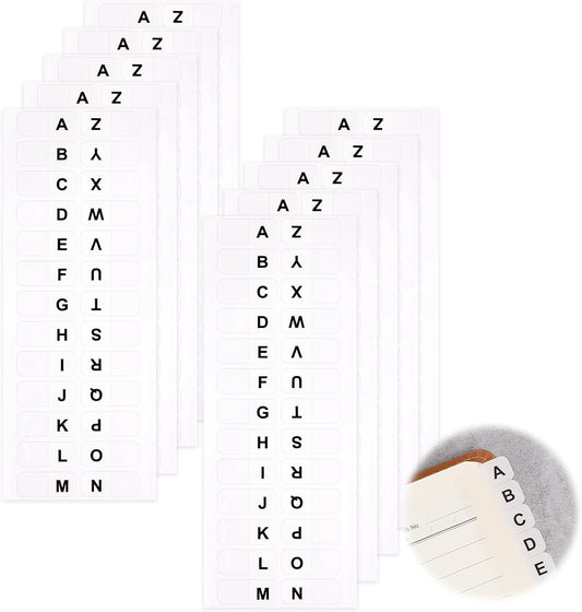 A-Z 26 White Letters Tabs Sticky Alphabet Tabs, 260 Pcs Self Adhesive Page Tabs Alphabetical Tabs Indexes for Books, Dictionary, Notes, File (10 Sheets)