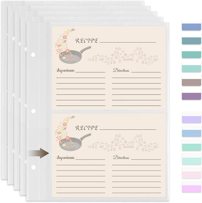 50 Pack Recipe Card Page Protectors, 4x6 Inch Recipe Card Sleeves, Sheet Protectors for 3 Ring Binder 8.5x9.5 Inch, 2 Pockets Per Page, Recipes Binder Refill Pages with 12 Tab Stickers
