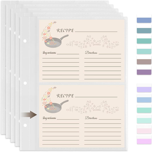50 Pack Recipe Card Page Protectors, 4x6 Inch Recipe Card Sleeves, Sheet Protectors for 3 Ring Binder 8.5x9.5 Inch, 2 Pockets Per Page, Recipes Binder Refill Pages with 12 Tab Stickers