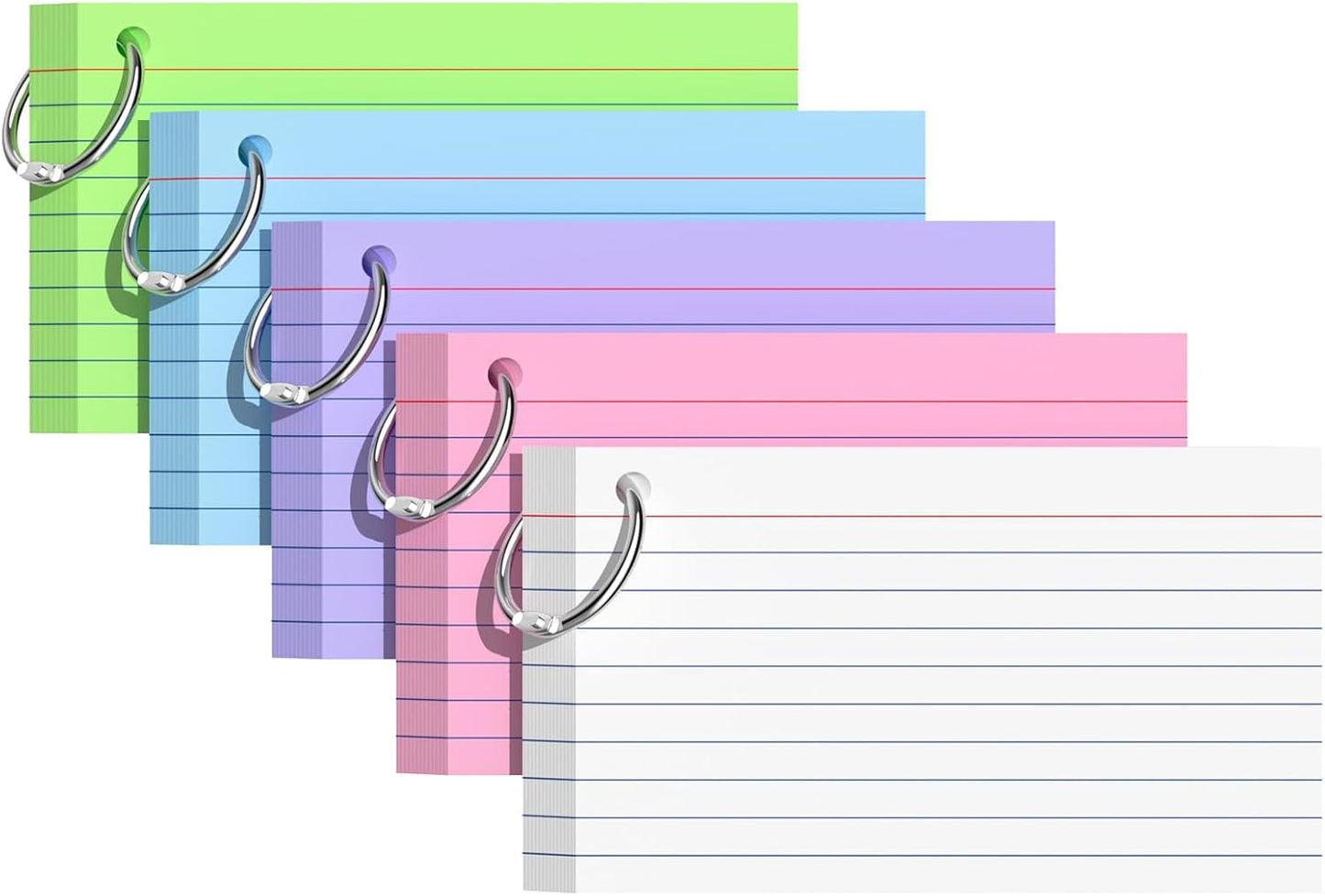 Index Cards 3x5 Inches, 300 PCS, Colored Flash Cards With Ring, Punched Lined Study Card Ruled Flashcards Notecards, Ruled Front And Blank Back, Note Card for School, College And Home