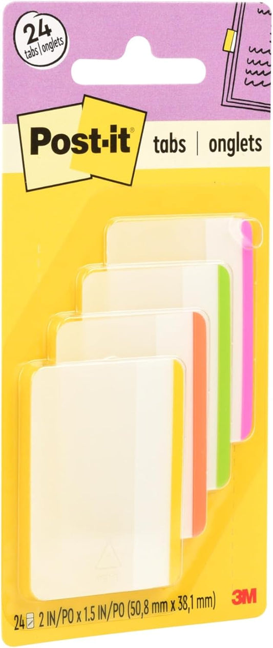 Post-it Sticky Tabs, 2 in. x 1.5 in., 4 Pads of Book Tabs in Assorted Bright Colors for Bookmarking, Annotating, Reading, and Reminders, Green, Pink, Yellow, and Orange Colors (24 Total Count)