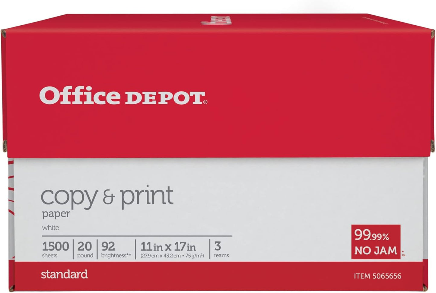 Office Depot® Copy And Print Paper, Ledger Size (11" x 17"), 92 Brightness, 20 Lb, Ream of 500 Sheets, Case of 3 Reams