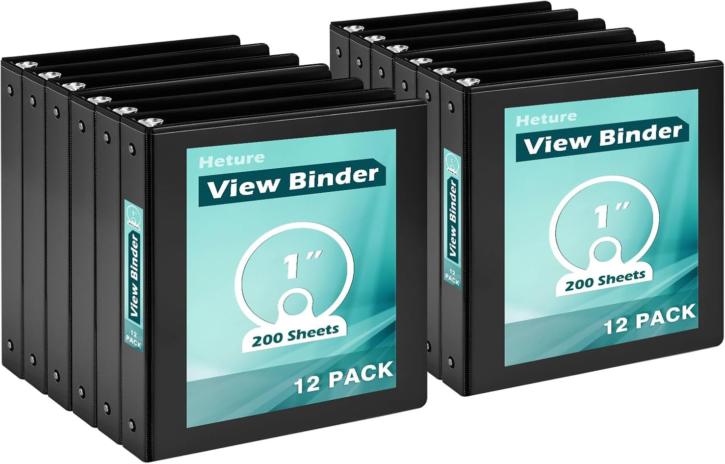 Heture 3 Ring Binder 1 Inch 12 Pack, 1" Clear View with Round Rings, PVC-Free,Holds for 200 Sheets 8.5“ x 11" US Letter Size Paper, Durable White Binders Perfect for Office,School and Home