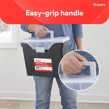 STAPLES File Folder Tote, Portable Filing Box for Letter SIze Hanging Folders, Security Latch & Built-In Lid Organizer, Black/Clear