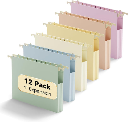 Plastic Extra Wide Hanging File Folder Letter Size,Heavy Duty Reinforced 3" Expansion Accordian Pocket,6 Pack Filing Cabinet Folders with Tabs,Pastel Color Hanging Organizer for Bulky Files