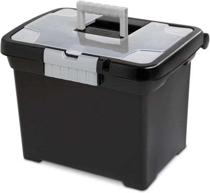 Sterilite 4-Pack Portable File Box, Stackable Container for Letter Hanging Folders, Black - Paper Document Plastic Storage Organizer with Latching Lid for Home, Office, and Dorm Organization