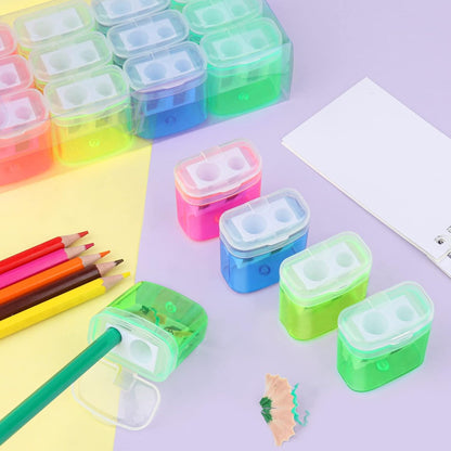 24 Pieces Pencil Sharpeners Manual Dual Holes Pencil Sharpener with Lid Portable Colorful Crayon Sharpener for Kids & Adults, School, Office, Home, Travel