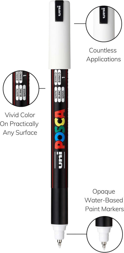 posca PC-1MR Water-Based Paint Markers, Extra Fine Tip (0.7mm), White, 3 Count