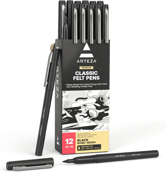 ARTEZA Black Felt Tip Pens, Pack of 12, 1.0–1.5 mm Fiber Tip, Quick-Drying Water-Based Ink, Art Supplies for School, Office, and Home