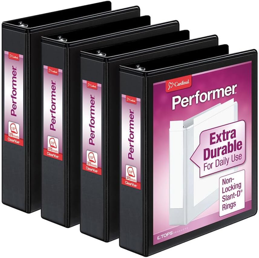 Cardinal Performer 3-Ring Binders, 2", Non-Locking Slant-D Rings, 540-Sheet Capacity, ClearVue Presentation, Non-stick, PVC-Free, Black, 4-Pack (27501)