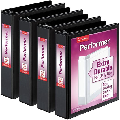 Cardinal Performer 3-Ring Binders, 2", Non-Locking Slant-D Rings, 540-Sheet Capacity, ClearVue Presentation, Non-stick, PVC-Free, Black, 4-Pack (27501)