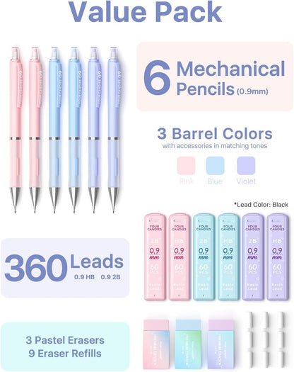 Four Candies Mechanical Pencil Set - 0.7mm (Medium Point), 6PCS Cute Pencils Mechanical with 360PCS (HB & 2B) Lead Refills & 12PCS Erasers & 1PCS Storage Case, Pastel Aesthetic Lead Pencils for School