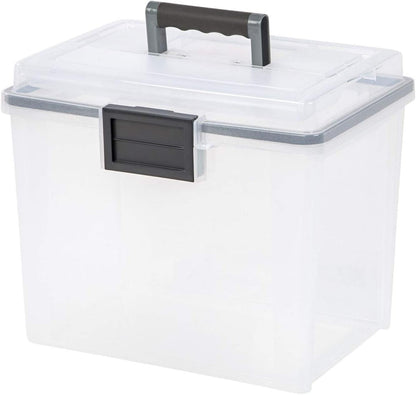 IRIS USA File Box with Lid File Organizer for Letter File w/Organizer-Lid, Plastic Mobile Filing Organizer, Water Resistant Document Box, Portable File Box with Handle, Secure Buckle, Lockable, Black