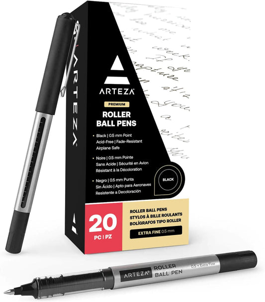 ARTEZA Rollerball Pens, 20 Pack Black Roller Ball Pens, 0.5 mm Needle Point Extra Fine Tip, Quick-Dry Fade-Resistant Liquid Ink for Note-Taking, Bullet Journals, Planners, and Office Use