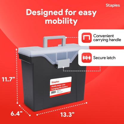 STAPLES File Folder Tote, Portable Filing Box for Letter SIze Hanging Folders, Security Latch & Built-In Lid Organizer, Black/Clear