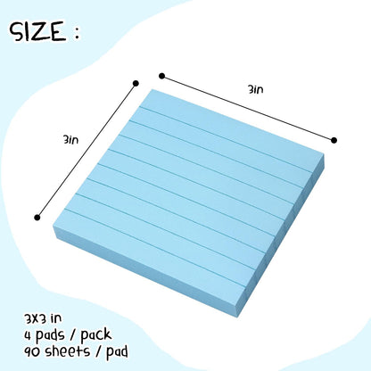 Lined Sticky Notes 3x3 Sticky Notes with Lines Self-Stick Notes Bright Color 4 Pads 90 Sheets/Pad (Pastel)