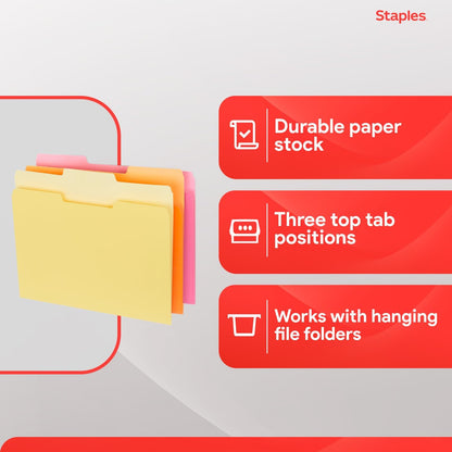 Staples File Folders, Letter Size, 1/3‑Cut Tabs, Purple, Durable 10.5‑Point Paper Stock, 100/Pack