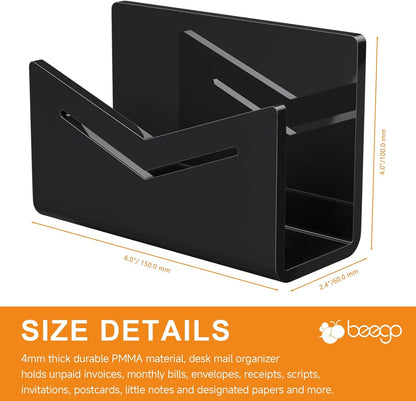 Beego Envelope and Mail Organizer Countertop - 3 Compartments Black Acrylic Desk Organizer Letter Holder Desktop File Sorter Bill Document Folder Rack for Office, Home, School Desk Organization