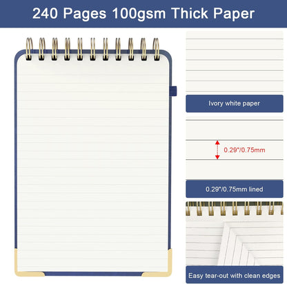 A5 Top Spiral Notebook, Large Leather Hardcover Top Bound Steno Pads, 240 Pages 100 gsm Thick Lined Paper Left Handed Notebook Journal for Work, School, Meeting Writing - Brown, 5.9" x 8.5"