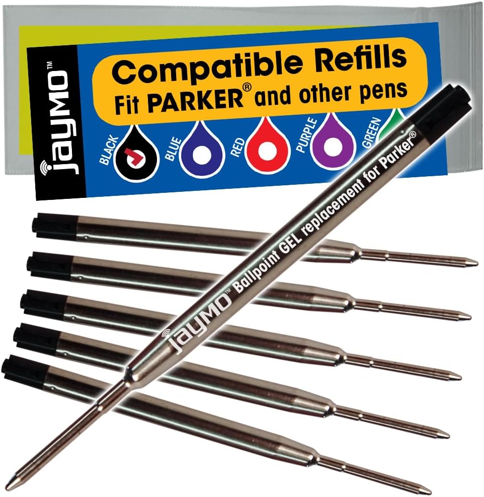 Jaymo Replacement for Parker 30525PP/30526PP and Bastion - Measures 3.875 in / 98 mm Long - G2 Gel Ballpoint Pen Refill - 2 Black + 2 Blue + Red + Purple