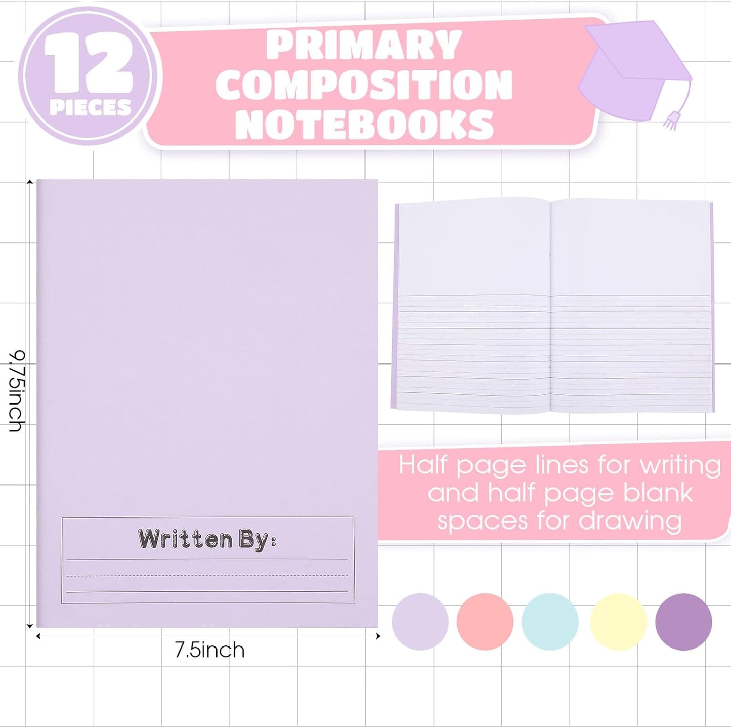 Henoyso 12 Pcs Primary Composition Notebook K-2 Primary Journal, Notebook for Kids Supplies, Bulk Blank Writing Book for Kid to Write Draw Journal 60 Page (9.8″ X 7.5″,Light Color)