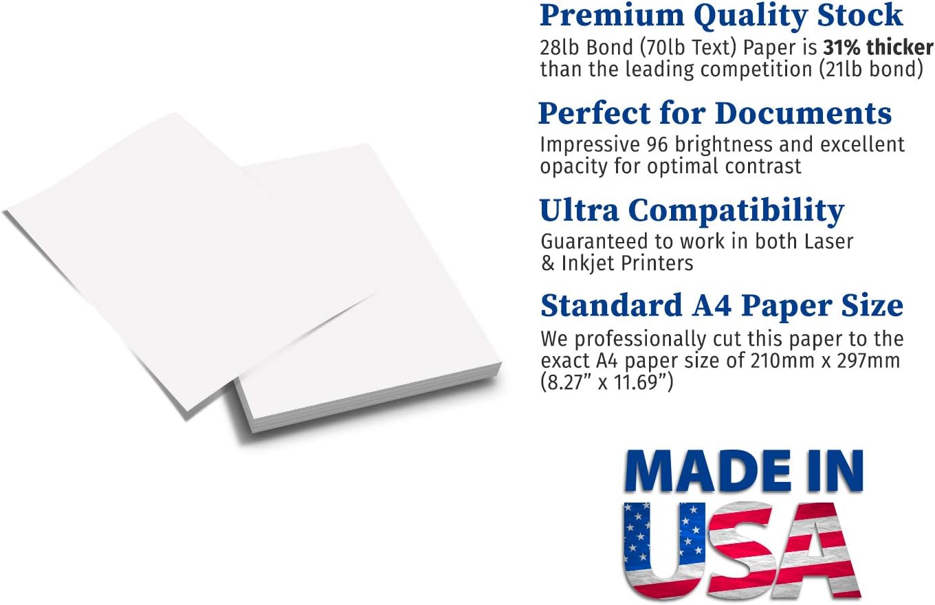 Premium A4 (8.3"x 11.7") Printer Paper - 28lb Bond / 70lb Text (105 gsm) Bright White Paper (40 Sheets)