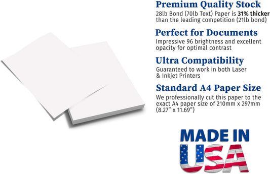 Premium A4 (8.3"x 11.7") Printer Paper - 28lb Bond / 70lb Text (105 gsm) Bright White Paper (40 Sheets)