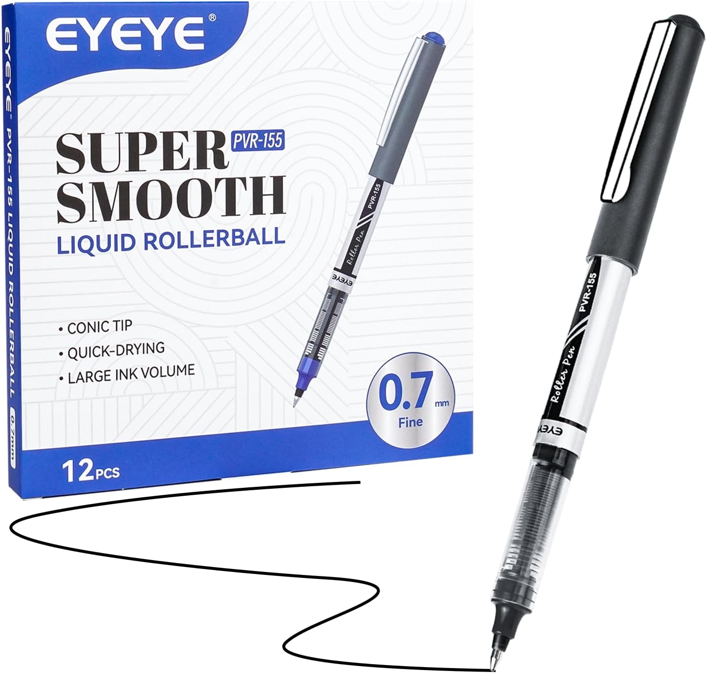 EYEYE Black Rollerball Pens 12 Pack, 0.7mm Medium Point Roller Ball Pen Quick Dry, Liquid Ink Pens Fine Point Smooth Writing Pen for Journaling, Note Taking, Office, School Supplies