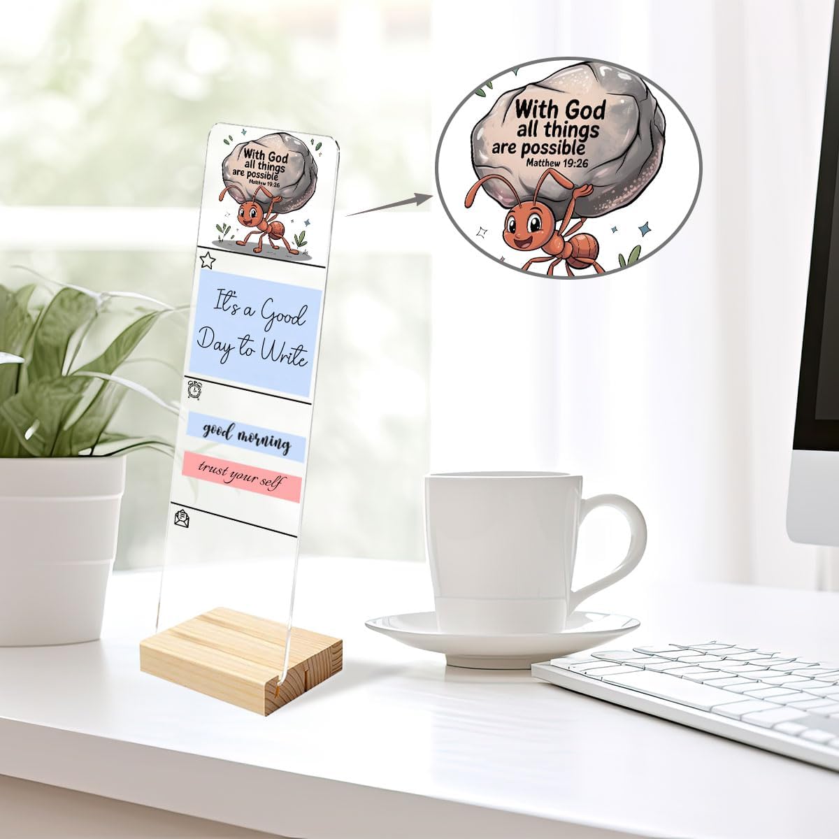 Sticky Notes Monitor Memo Board Acrylic Note Holder with Removable Wooden Base, Everything is Fine Logo Desk Set Includes 200 Sheets Two Sizes Sticky Notes, Office Desk Accessories Organizer