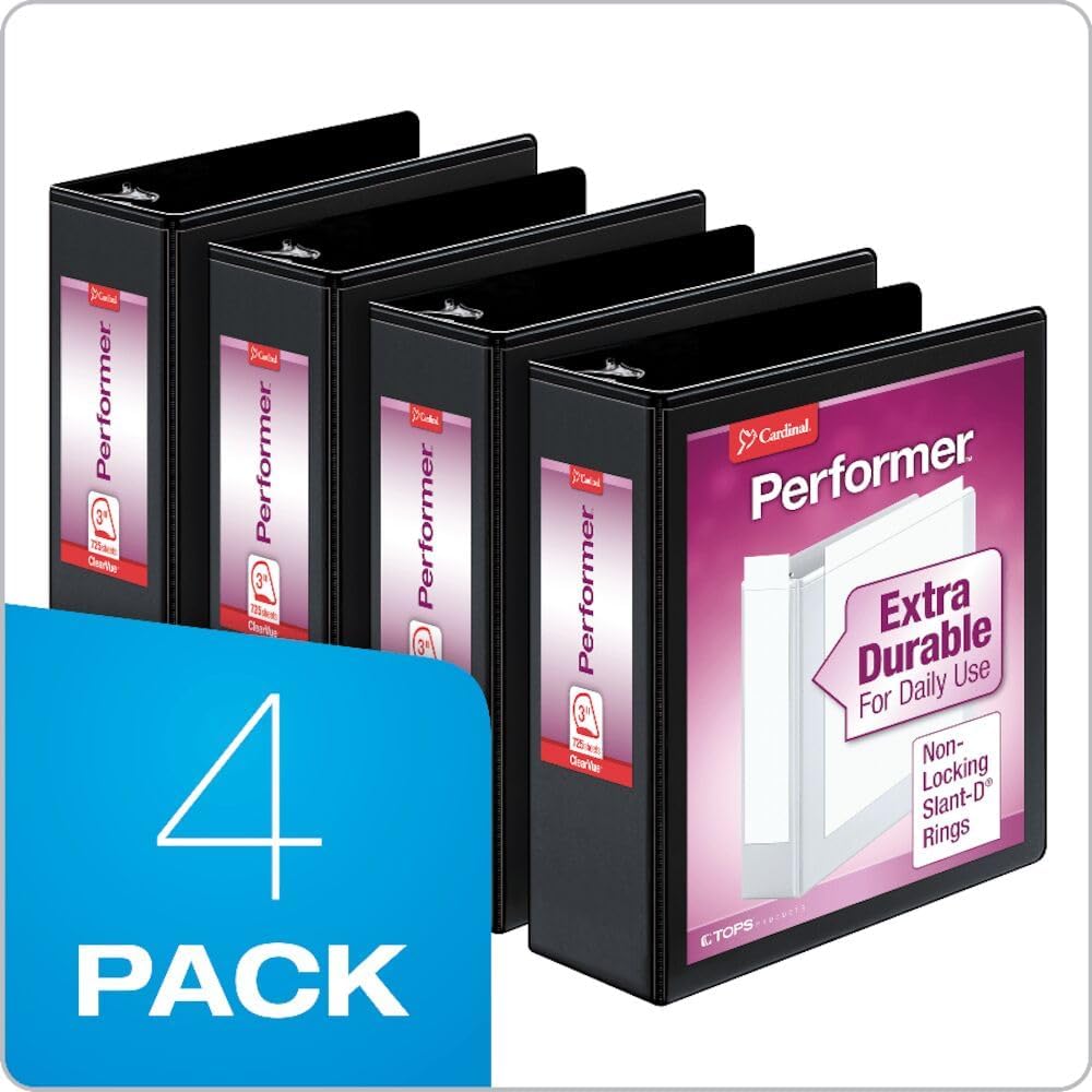 Cardinal Performer 3-Ring Binders, 2", Non-Locking Slant-D Rings, 540-Sheet Capacity, ClearVue Presentation, Non-stick, PVC-Free, Black, 4-Pack (27501)