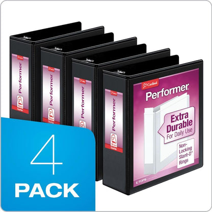 Cardinal Performer 3-Ring Binders, 2", Non-Locking Slant-D Rings, 540-Sheet Capacity, ClearVue Presentation, Non-stick, PVC-Free, Black, 4-Pack (27501)